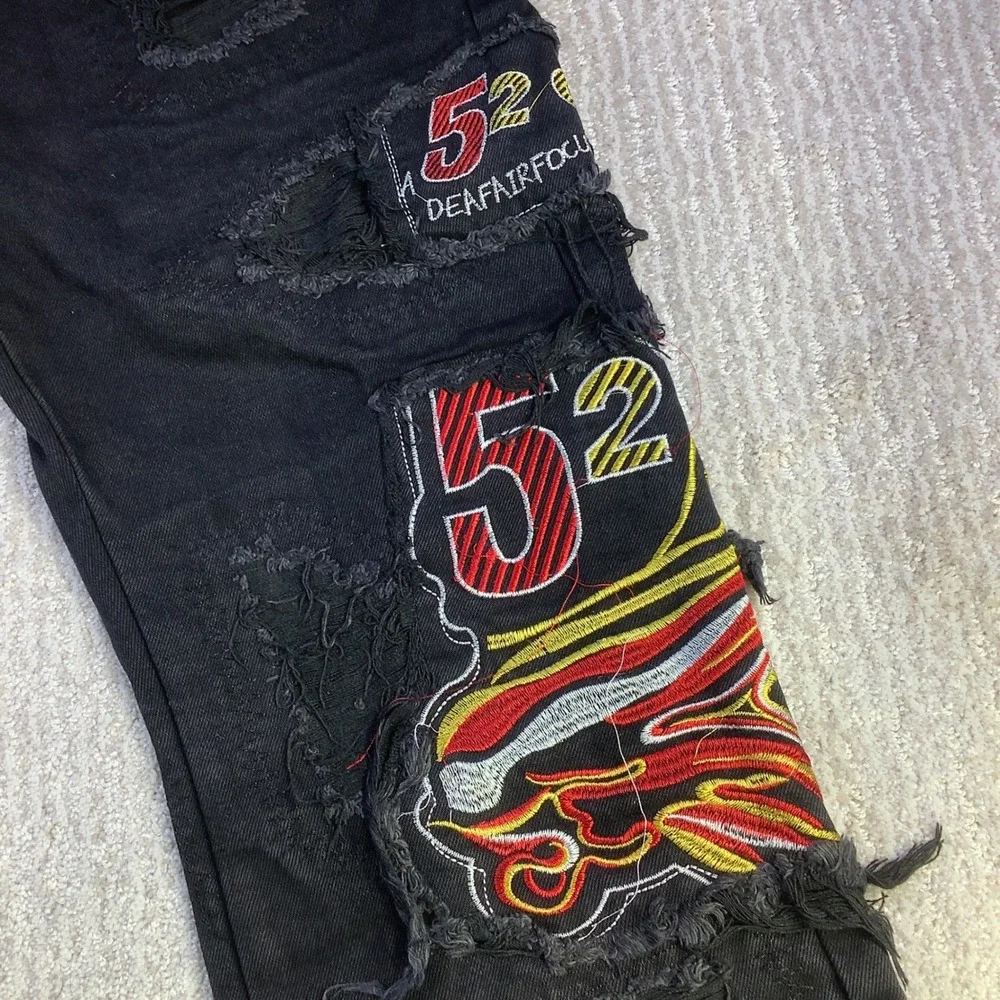 Watson Denim Mens 32 x‎ 29 Black Distressed Embroidered Graphic Jeans NWT